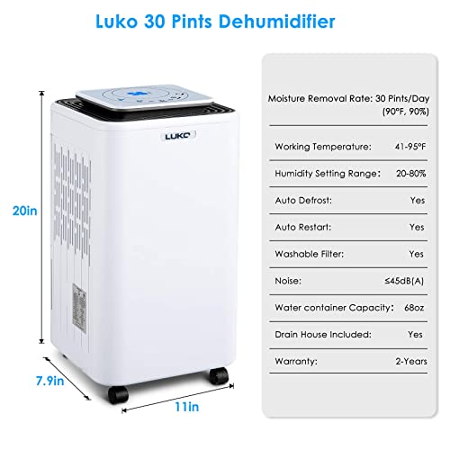 LUKO Dehumidifiers 30pints Dehumidifiers for basement room,