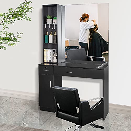Barber Station Wall Mount Salon Hair Styling Beauty Spa Equipment w/Mirror, 2 Drawers, 1 Storage Cabinet, 3 Open Shelves (Black)
