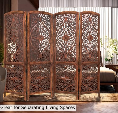 Room Divider Wood Screen - Ghanti Bells Antique Brown - 4 Panel Folding 72 x 80 - Assembled Hand Carved Decorative Functional Versatile Portable Partition Reversible Privacy Boho - COTTON CRAFT