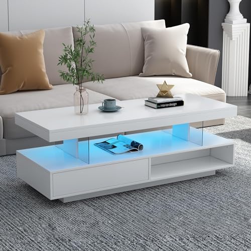 LED Coffee Table with Storage, LED Coffee Tables for Living Room, High Gloss Coffee Table with LED Lights, Modern Center Table with Open Display Shelf & 2 Sliding Drawers (Black)