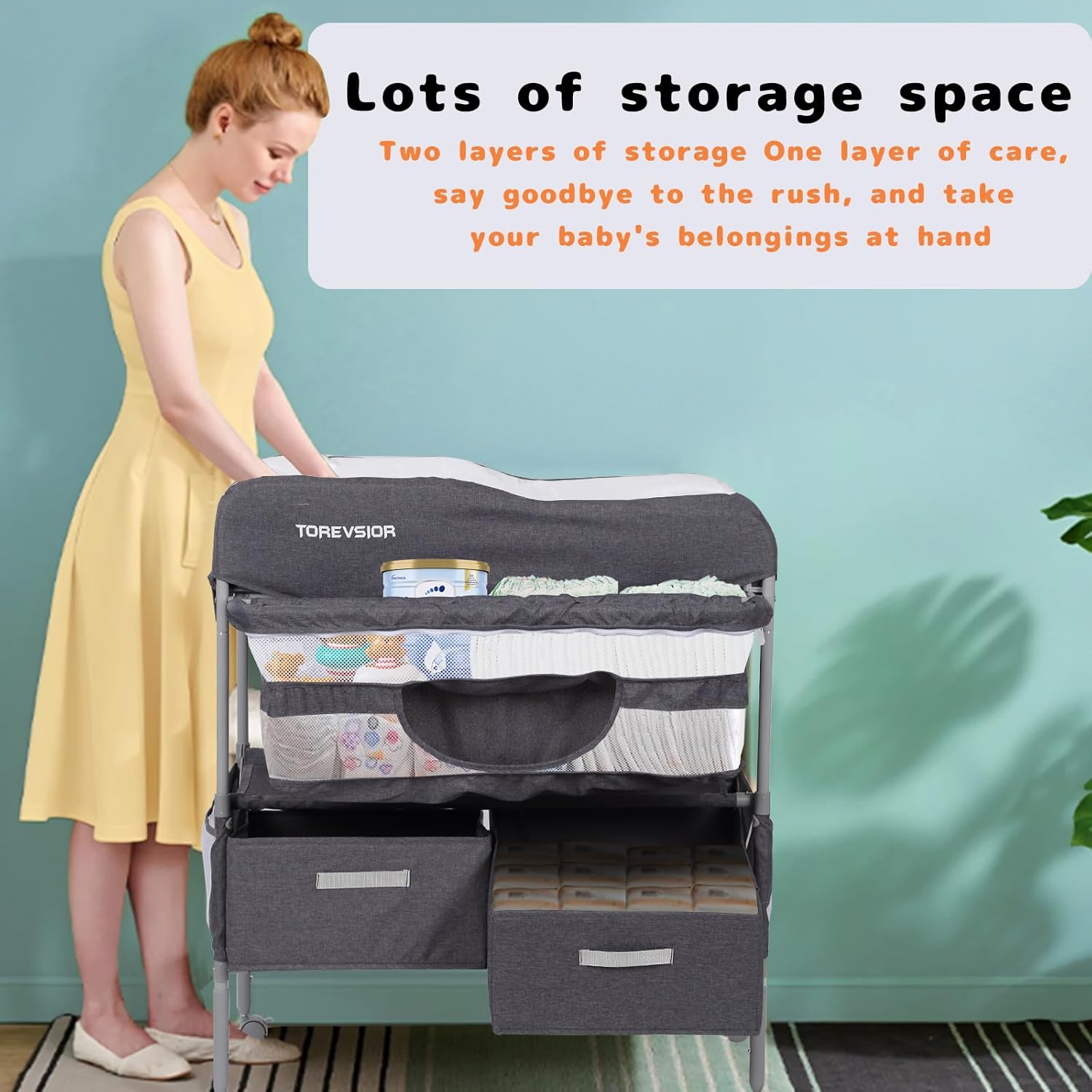 Baby Changing Table, Portable Changing Table with 2 Storage Baskets, Adjustable Heights, Foldable Changing Table Dresser with Soft Waterproof Changing Station for Newborns & Infant