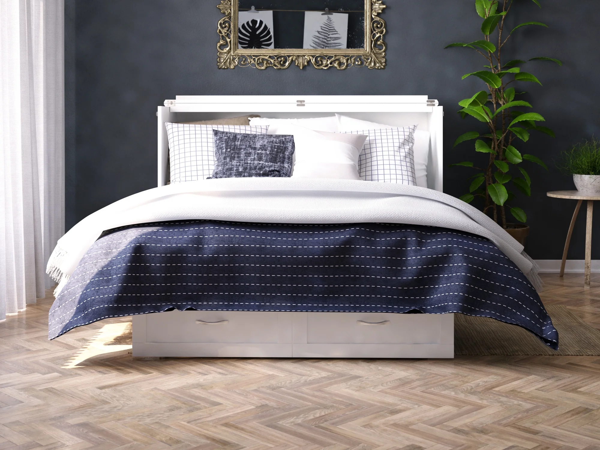 AFI Monroe Queen Solid Wood Murphy Bed Chest with Mattress, Drawer and Charger in White