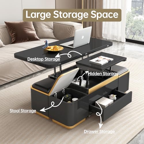 Multifunction Lift Top Coffee Table, Rectangle Folding Table with Storage and 4 Stools for Living Room, 3 in 1 Coffee to Dining Table Convertible, Modern Table That Lifts Up and Down, Black