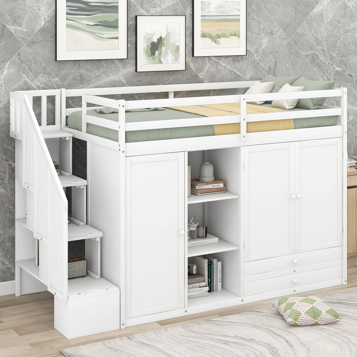 Functional Twin Loft Bed with 3 Shelves, Two Wardrobes and 2-Tier Large Drawers, Space-Saving Loftbed with Storage Ladder & Full-Guardrails for Kids Teens Adults, No Box Spring Needed, White
