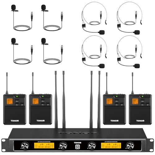 TONOR UHF Wireless Microphones System with Headset/Lavalier Lapel Mics, Bodypack Transmitter, Receiver, 2*15 Channels, 200ft Range for Live Singing Karaoke Church Party DJ PA Speaker Mixer Recording