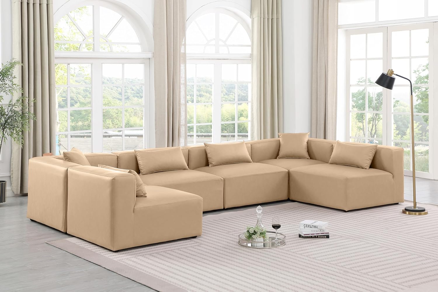 Meridian Furniture Cube Collection Modern | Contemporary Sectional with Soft Vegan Leather, Modular to Create Infinite Configurations, 144" W x 72" D x 26" H, Tan