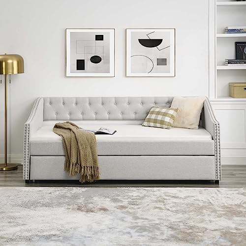 Full Size Upholstered Daybed with Pull Out Twin Trundle, Multifunctional Tufted Sofa Bed Frame with Button Nailtrim Arms and Wood Slat Support, No Spring Box Needed (Beige, Full)