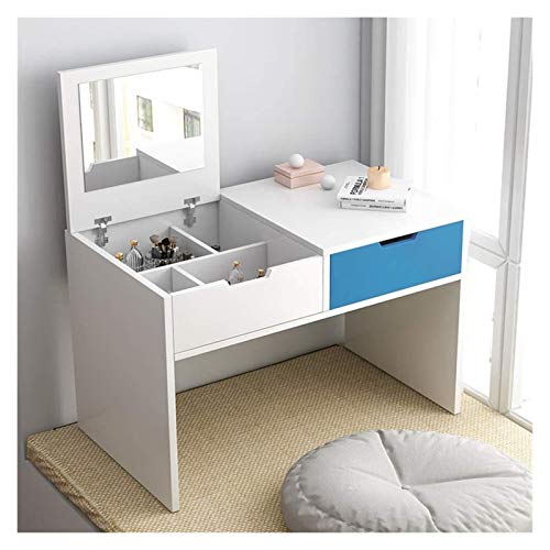 Luxurious Makeup Vanity Desk for Princess's Gift, 2-in-1 Vanity Table with Flip Top Mirror Makeup Dressing Table Mini Writing Desk with Drawers, Makeup Organizers(White Blue-a)