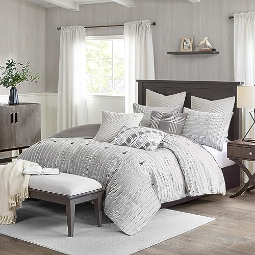 Madison Park King Comforter Set Clipped Jacquard Stripes with Buttons Boho Comforter for a King-Size Bed, Cotton Oversized Comforters with Removable Cover Boho Bedding, King Ivory 9 Piece