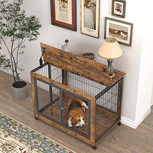 IchbinGo Wooden Dog Crate Table Furniture, 38.5" Dog Kennel with 3 Doors, Flip-up Top Opening and Wheels, Decorative Pet Crate Dog House for Large/Medium/Small Dog Indoor Use (Rustic Brown)