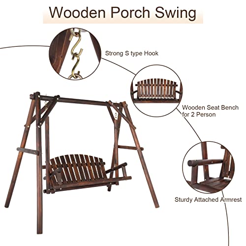 6.5' Outdoor Porch Swing Rustic Loveseat Solid Wooden Natural Log Garden Swing (Carbonized)