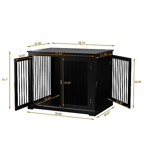 Large Dog Crate Furniture, Wooden Dog Kennel with Cushion, Dog Crate End Table Large, Indoor Dog Kennel, Modern Decorative Dog Crates with Flip Top, Chew-Proof Metal Bars, Black