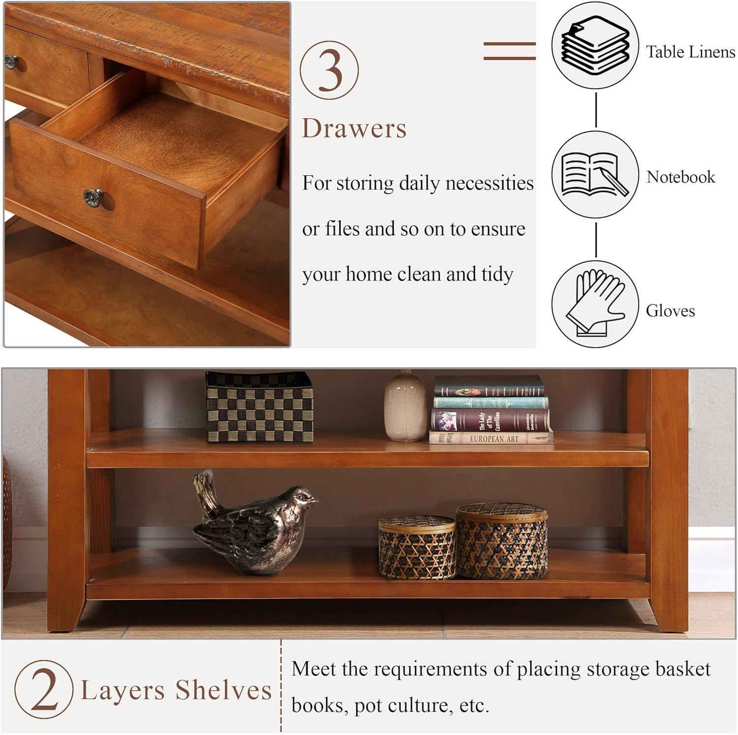 Knocbel Long Console Table with 3 Storage Drawers and Double Bottom Open Shelves,Wooden Sofa Tables Classic Retro and Modern Design for Entryway Entry Hallway Foyer,50" W x 16" D x 30" H,Brown