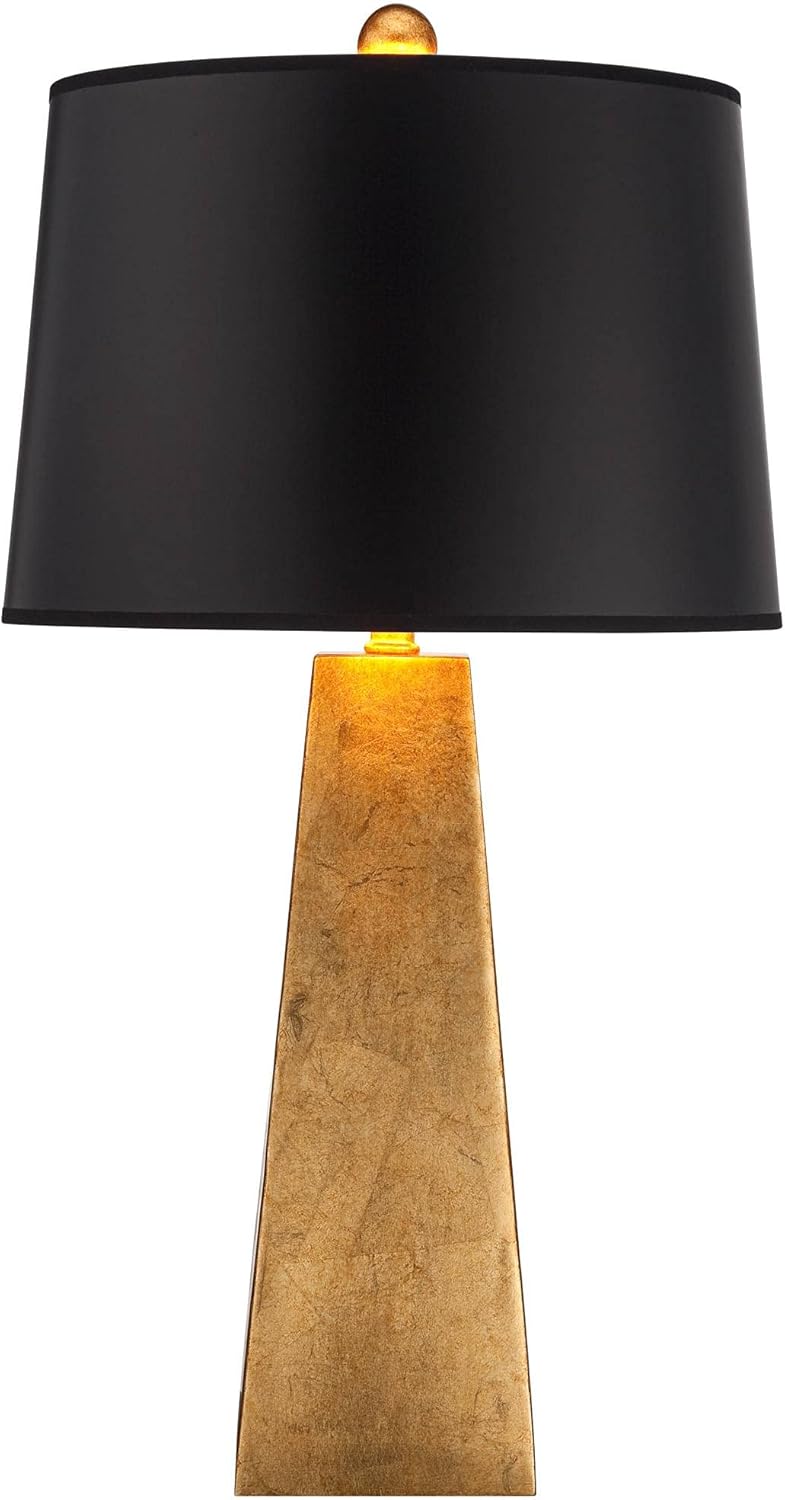Possini Euro Design Obelisk Modern Table Lamp 26" High with Square Black Marble Riser Gold Leaf Tapered Paper Drum Shade for Bedroom Living Room Nightstand Bedside Night Stand Office Kids Room