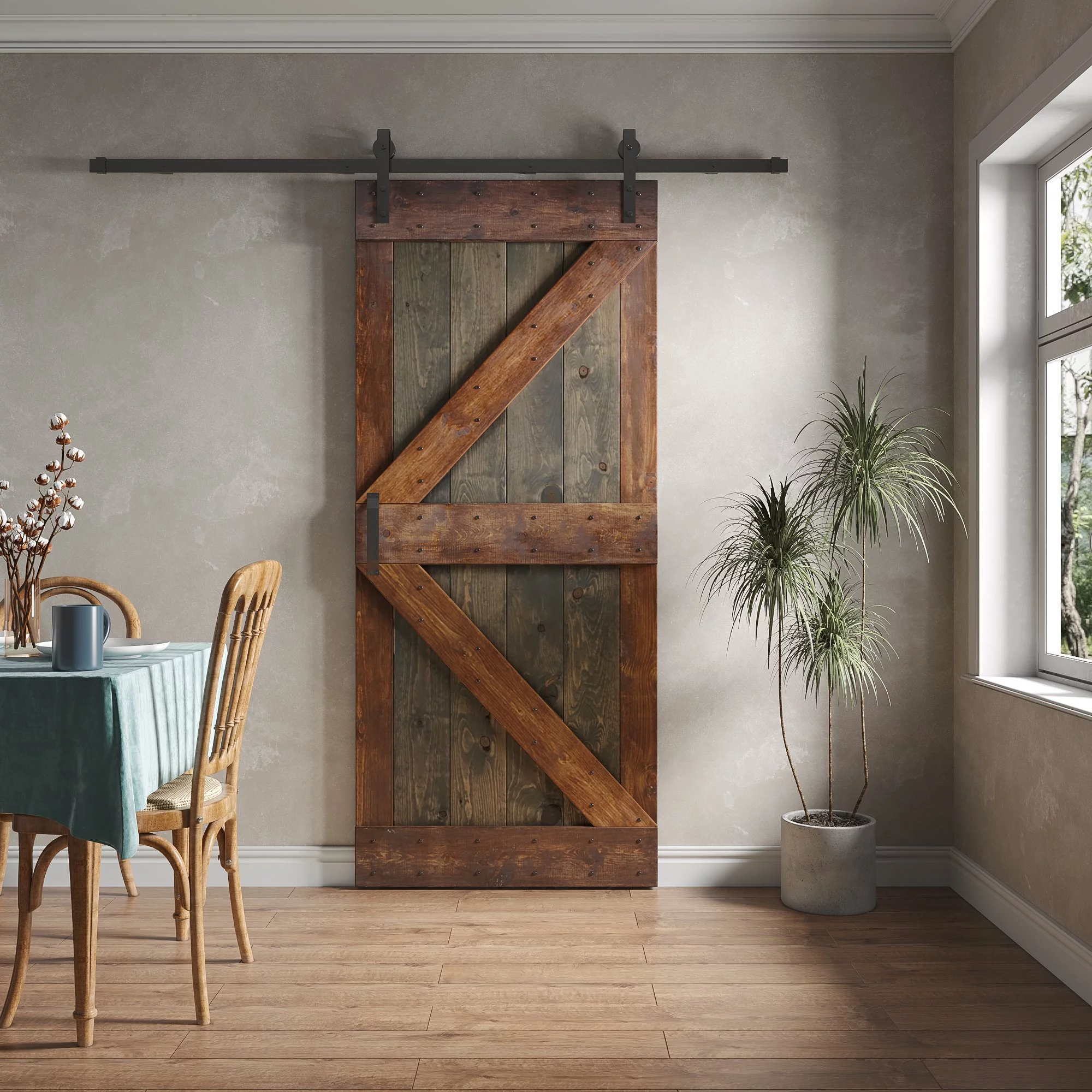 Coast Sequoia 36 in x 84 in K Style Finished Muti-Color Knotty Pine Wood Sliding Barn Door With Hardware Kit (Aged Barrel/Dark Walnut)