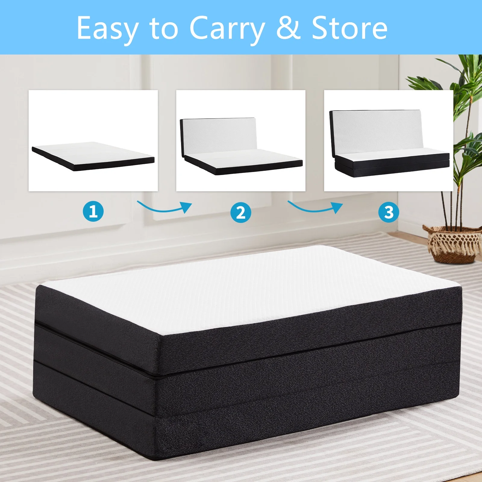 Smiaoer 3 inches Folding Queen Size Memory Foam Mattress with Cover,Tri-fold Portable Mattress Topper for Guest Bed,Camping