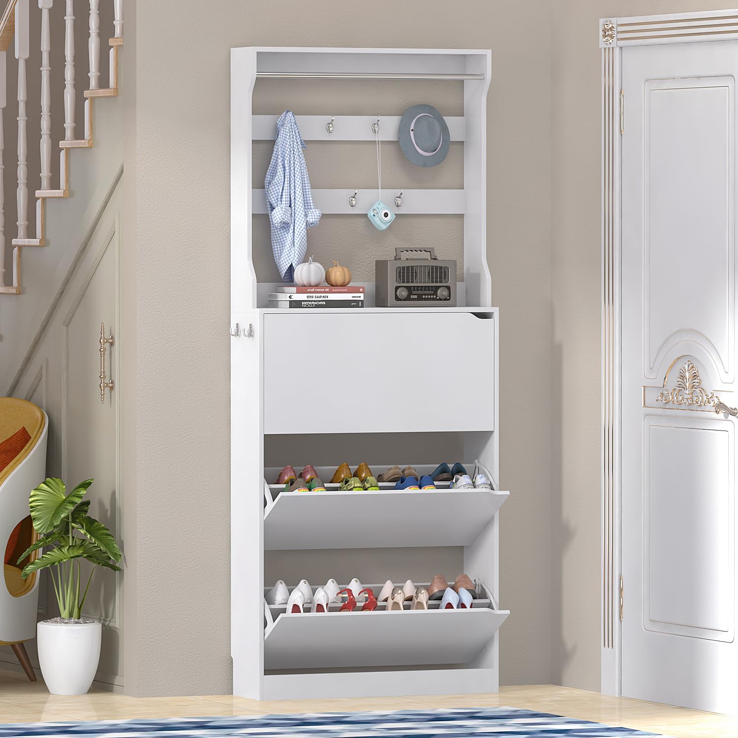 Shoe Cabinet Storage for Entryway, Shoe Storage Cabinet with 3 Flip Drawer, White Slim Freestanding Narrow Hidden Shoe Organizer Cabinet, Tall Wood Modern Shoe Cabinet with Coat Rack for Hallway White