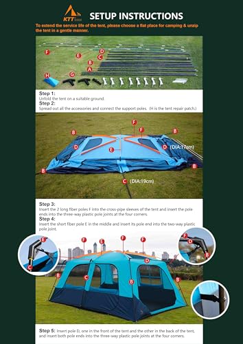 KTT Extra Large Tent 10-12-14 Person(Style-B),Family Cabin Tents,2 Rooms,3 Doors and 3 Windows with Mesh,Straight Wall,Waterproof,Double Layer,Big Tent for Outdoor,Picnic,Camping,Family Gathering