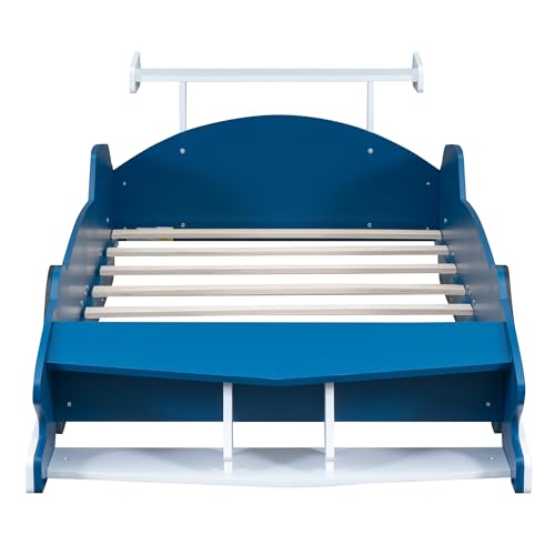 Twin Size Car Bed for Boys,Race Car-Shaped Wooden Platform Bedframe with Wheels & Safety Guardrail,Slats Support,Easy Assembly,Fun Play for Kids Toddlers Child's Bedroom,Yellow PU