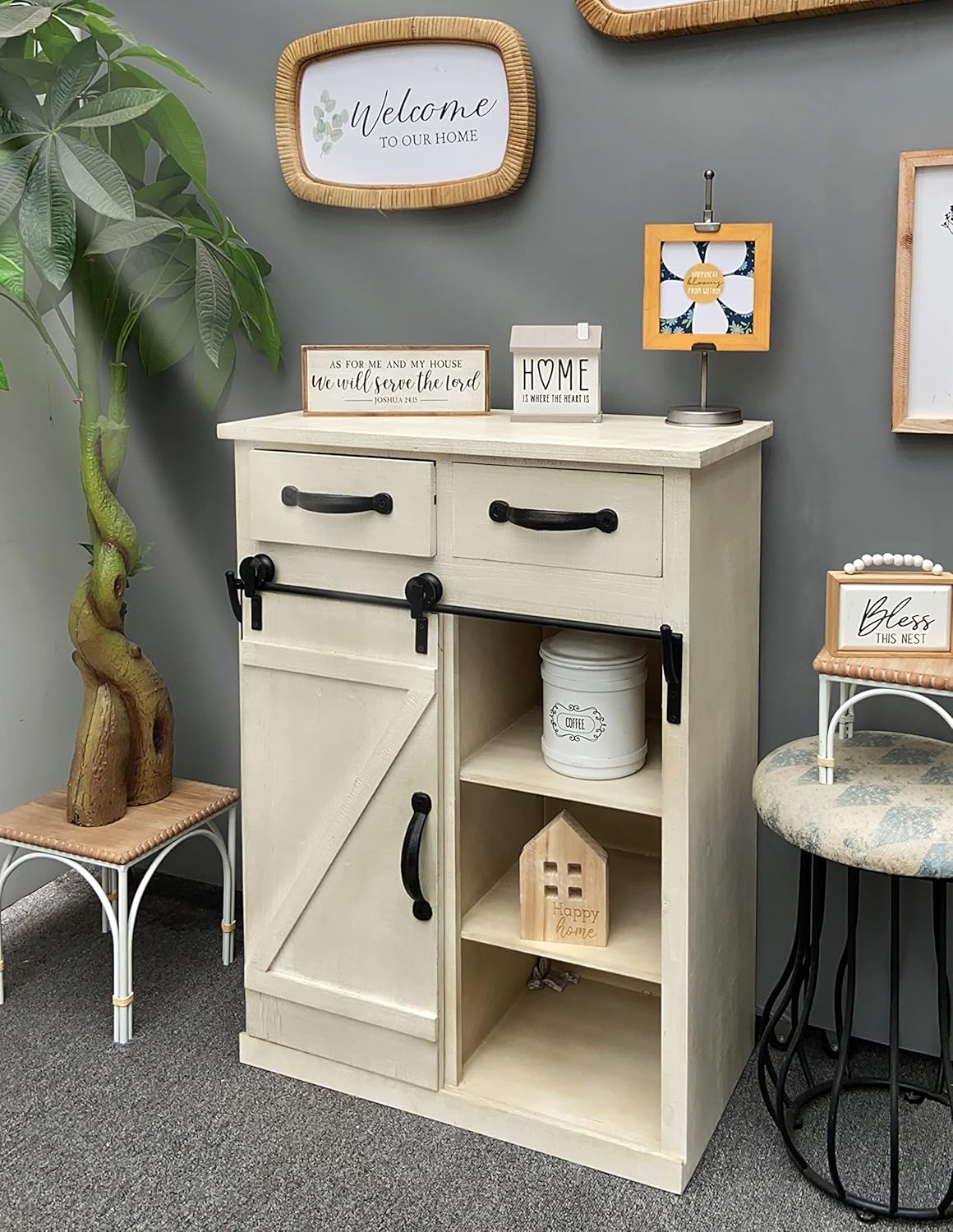Classic Style White Country Style Single Barn Door with 2 Drawers Vintage Wooden Cabinet