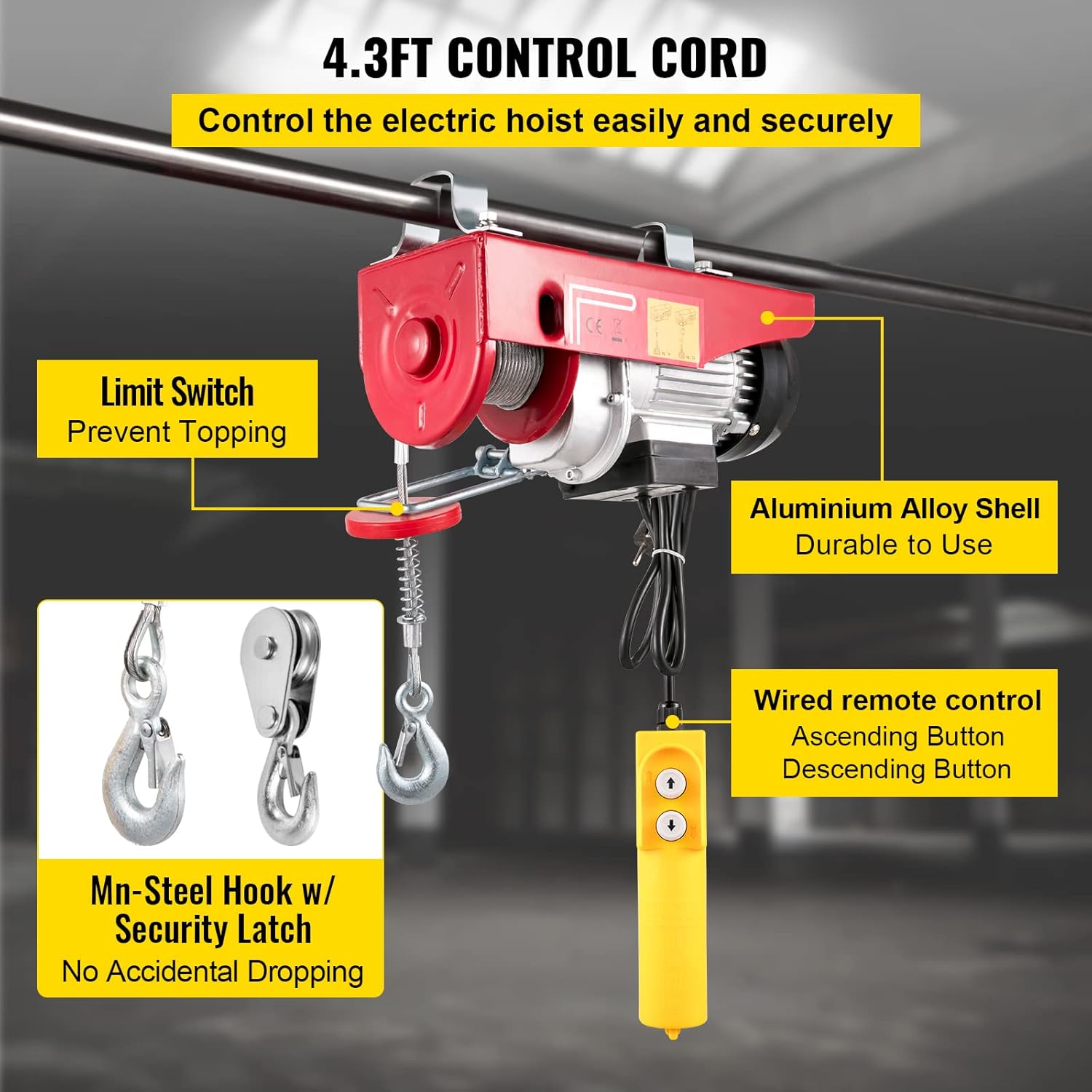 Happybuy 440 LBS Lift Electric Hoist, 110V Electric Hoist, Remote Control Electric Winch Overhead Crane Lift Electric Wire Hoist for Factories, Warehouses, Construction, Building, Goods Lifting