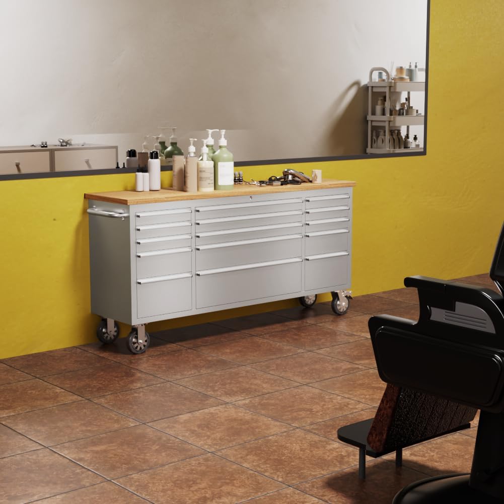 72-inch Stainless Steel Rolling Tool Chest with 15 Drawers, Lockable Mobile Storage Cabinet for Garage, Workshop, and Home