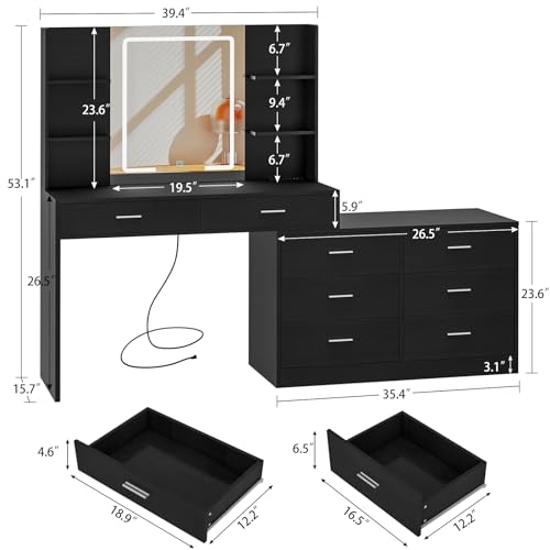 Quimoo 65.9" Vanity Desk with LED Lighted Mirror & Power Outlet, Modern Corner Makeup Vanity Table with 8 Drawers & Open Shelves, Dressing Table for Bedroom, Makeup Room