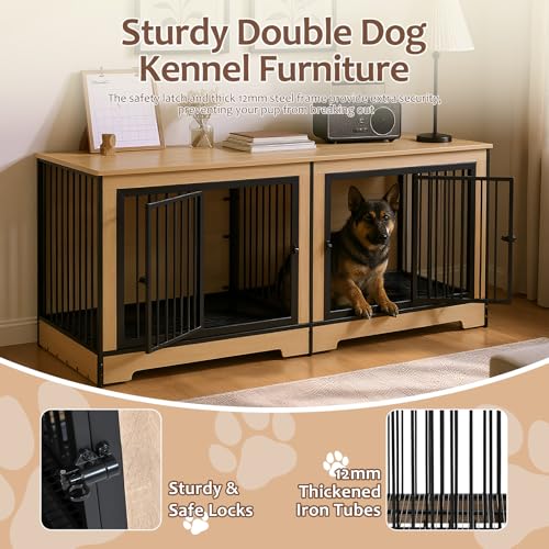 75’’ Double Dog Crate Furniture for 2 Dogs, Sturdy XXL Dog Crate Furniture with Removable Divider & Trays, Extra Large Dogs Kennel TV Stand for Living Room/Bedroom/Entryway