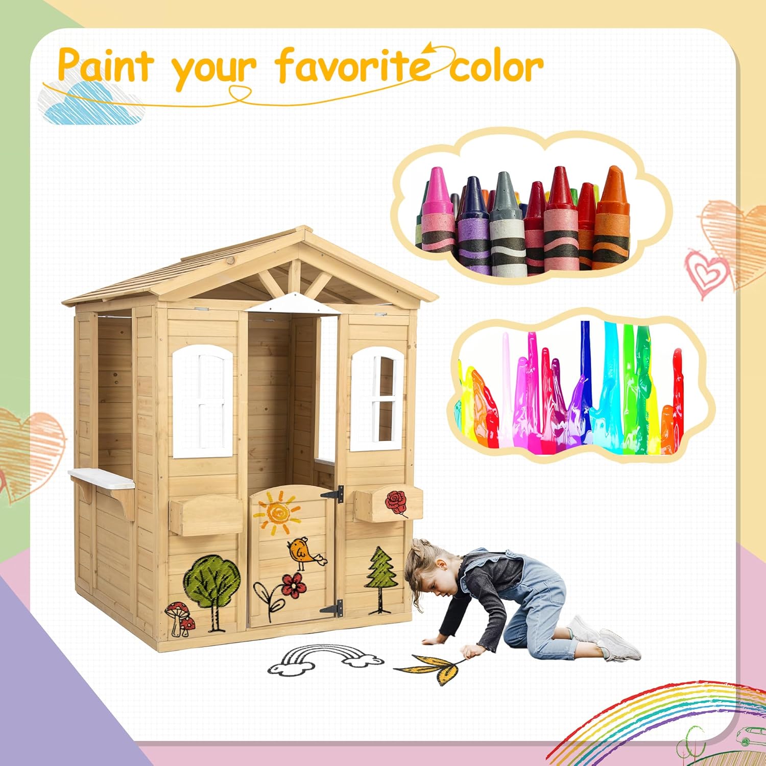 Wooden Playhouse for Kids, Outdoor Kids Playhouse with Working Door, Windows, Mailbox, Bench, Flowers Pot Holder, Playhouses for Kids Ages 4-8, 39" x 38" x 55.5"