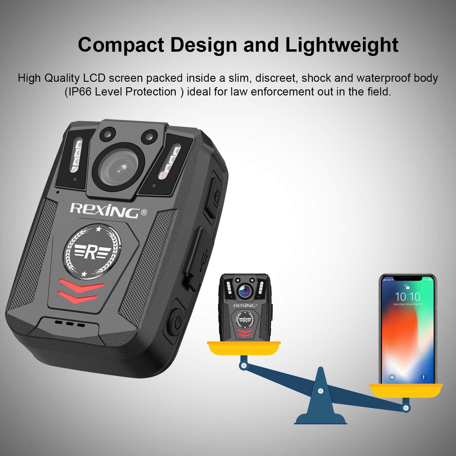 Rexing P1 Body Worn Camera, 2” Display 1080p Full HD, 64G Memory,Record Video, Audio & Pictures,Infrared Night Vision,Police Panic Mode, 3000 mAh Battery,10HR Battery Life,Waterproof,Shockproof