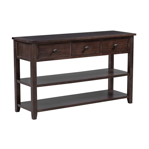 LUMISOL Retro Design Entryway Table with Storage Drawers and Shelves, Console Table with Pine Solid Wood Frame and Legs for Living Room, Espresso