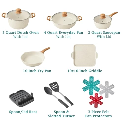 The Pioneer Womans 14-Piece Cast Aluminum Cookware Set with Nonstick Coating, Charcoal Speckle - Durable and Stylish Cookware Collection (Teal Speckle)