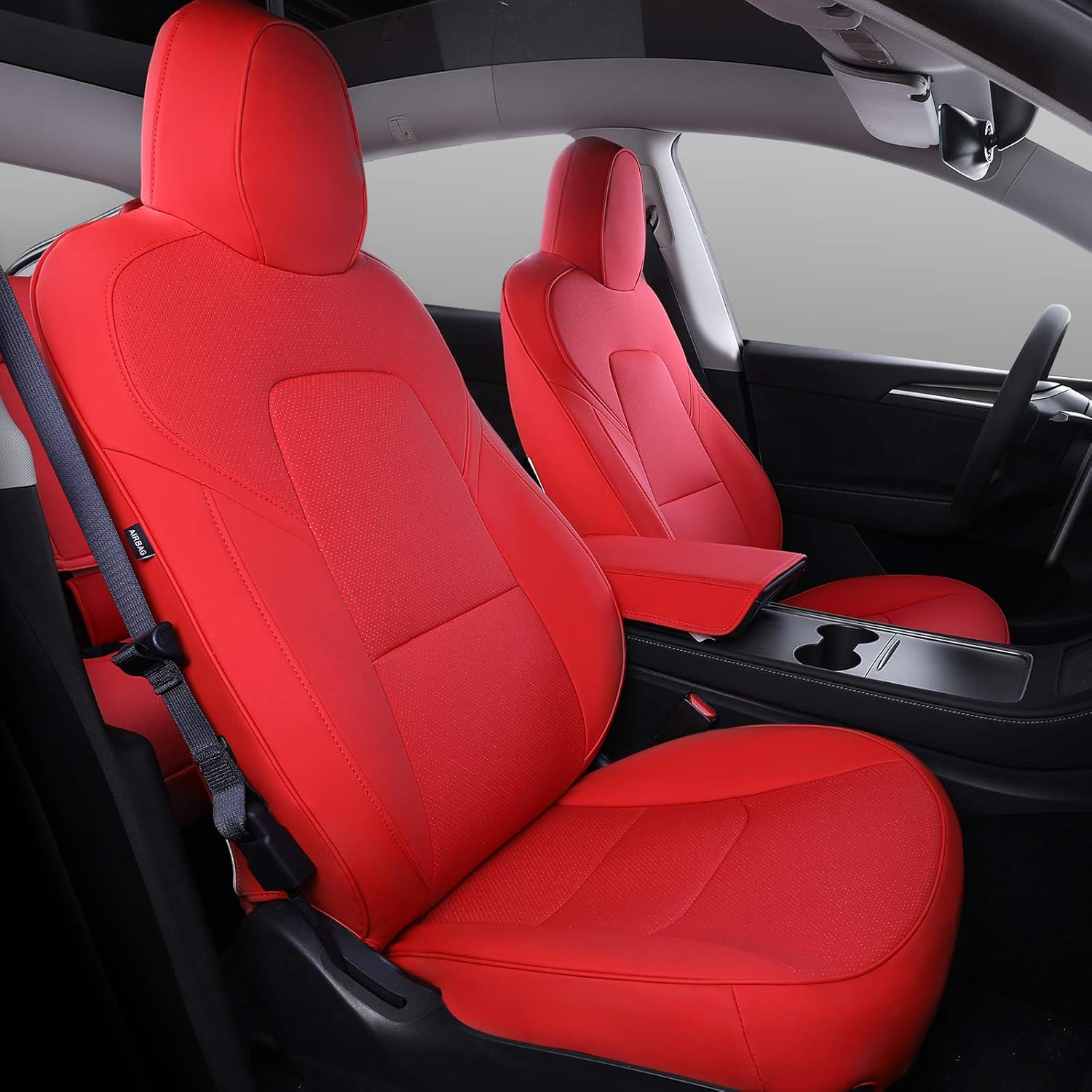 Xipoo Fit Tesla Model 3 Model Y Car Seat Cover PU Leather Cover All Season Protection for Tesla Model 3 2017-2022 Model Y 2020 2021 2022(Red-PU, Model 3/Y(5 Pcs))