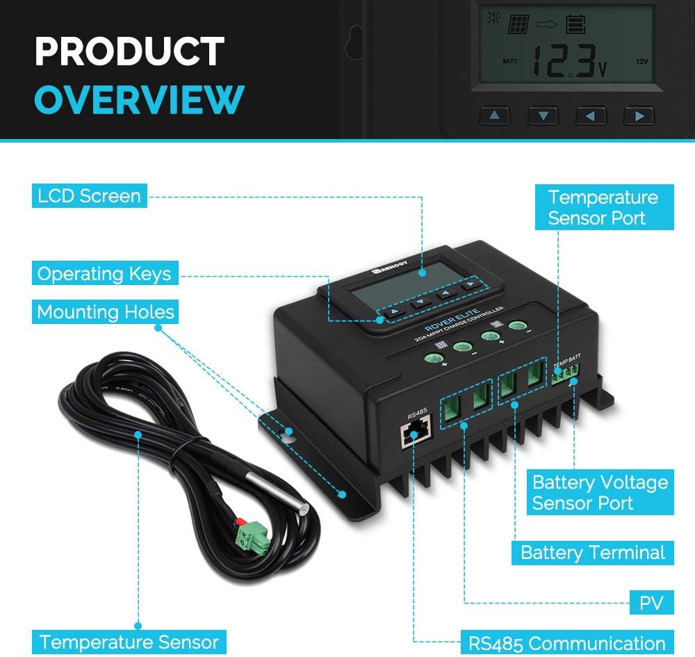 Renogy Solar Charge Controller 12V/24V Auto MPPT with LCD Backlit Display w/Temp Sensor Fit for Gel Sealed Flooded and Lithium Battery, Rover Elite 20A