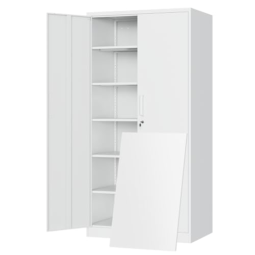 Yizosh Metal Garage Storage Cabinet with 2 Doors and 5 Adjustable Shelves - 71" Steel Lockable File Cabinet,Locking Tool Cabinets for Office,Home,Garage,Gym,School (Gray White)