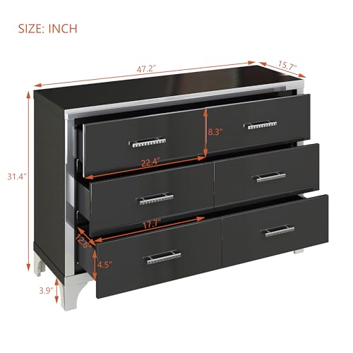 SSLine Modern 6-Drawer Dresser Luxury Elegant Accent Storage Cabinet with 6 Drawers High Gloss 47.2" Wide Chest of Drawer with Mirrored Edge Decor for Bedroom Living Room Nursery(Black)