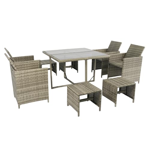 DHHU 5 Piece Outdoor Patio Furniture Set, PE Rattan Wicker Furniture, Outdoor Sectional Furniture Chair Set with Anti-Slip Cushions, Couch Coffee Table Waterproof Covers and Tea Table