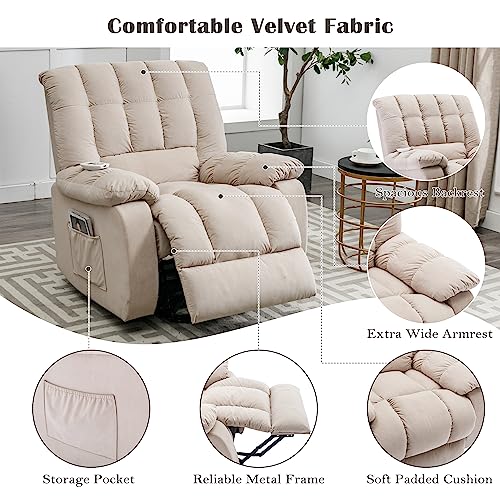 Velvet Recliner Chair, Electric Lift with Heat and Vibration for Living Room Massage, USB Port, Lazy Boy Chair Recliners Multi-Functional (Beige)