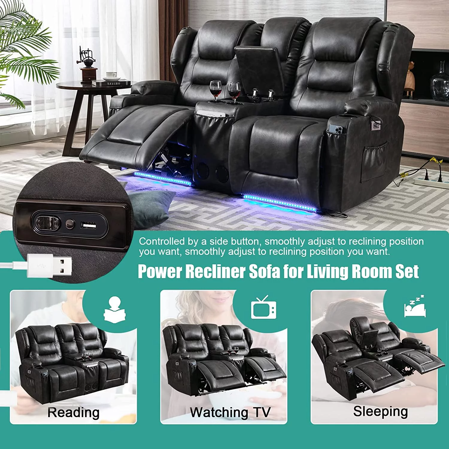IPKIG Electric Home Theater Seating- Power Recline Chair Loveseat RV Sofa with Console, 67" Double Recliner 2-Seater RV Couch with Storage/USB Charging/Lighting/Cup Holders for Living Room