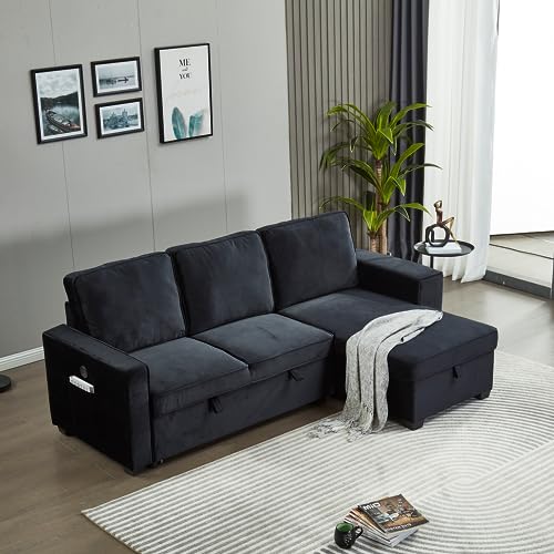 Modern L-Shaped Sectional Sofa, Velvet Sofabed with USB & Storage Chaise, Brown