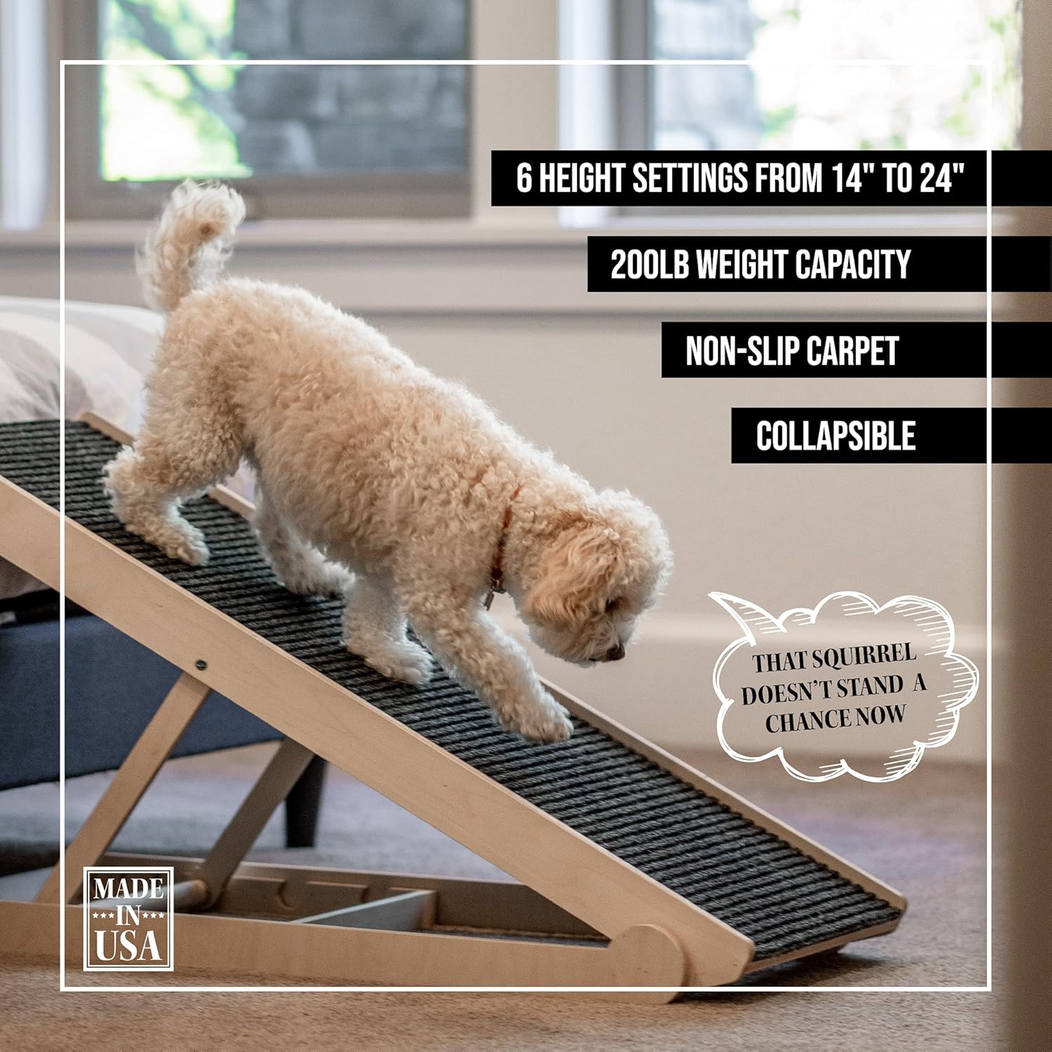 USA Made Adjustable Pet Ramp for All Dogs and Cats - for Couch or Bed with Paw Traction Mat - 40" Long and Adjustable from 14” to 24” - Rated for 200LBS - Great for Small and Older Animals