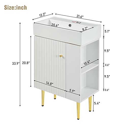 22" Small Bathroom Vanity with Sink, Bathroom Vanity Cabinet with Ceramic Vessel Sink Left Side Storage, Single Sink Vanity with Top, Freestanding Bathroom Sink and Cabinet Combo Set, White