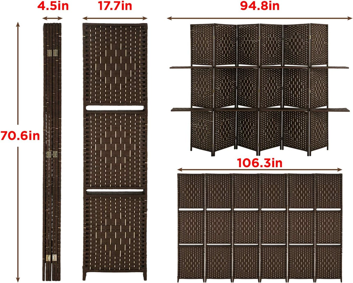 6Ft Tall Wooden Folding Privacy Screen 6 Panel Room Divider with Shelves Portable Partition Divider Wall Freestanding Privacy Panel for Home Office Privacy Protection, Brown