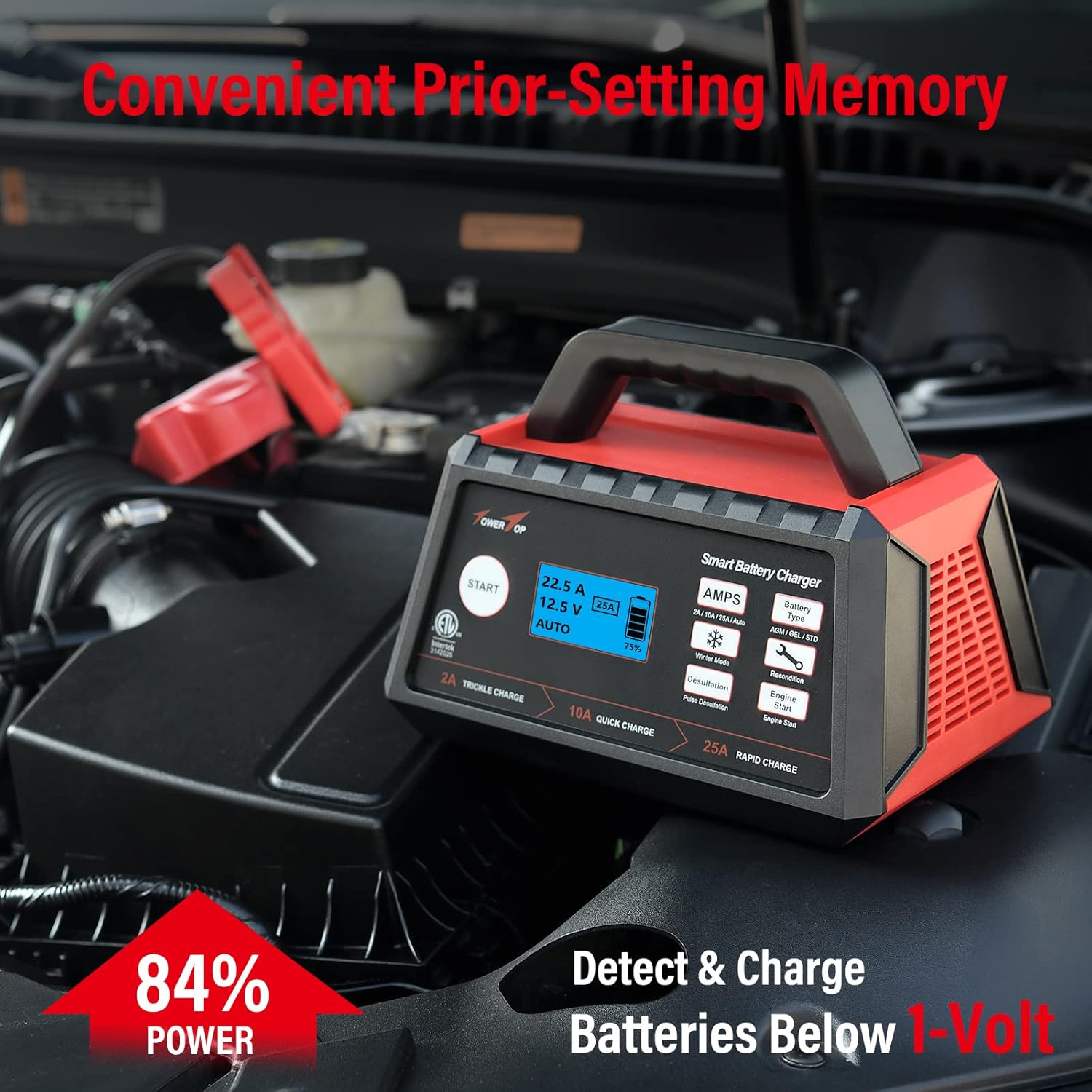 TowerTop Battery Charger, 2/10/25Amp 12V Fully Automatic Smart Trickle Charger, Automotive Battery Maintainer with Engine Start, Winter Mode, Recondition, Desulfation, LCD Display, ETL (BC-025 PRO)