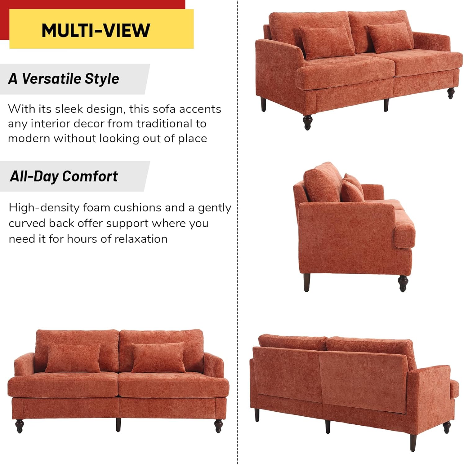 JOYBASE 70 inch Loveseat Sofa, Mid-Century Modern Love Seat Couch with Wood Legs, Upholstered Comfy Sofa for Living Room, Apartment, Office, Bedroom (Burnt Orange, Chenille)