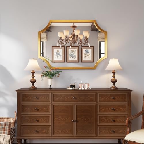 Kelly Miller 30"x40" Large Gold Bathroom Mirror for Wall, Gold Scalloped Vanity Mirror Bevelled Framed Decorative Mirror for Master Bath Half Bath Entrance Hallway Bedroom Living Room Fireplace Mantle
