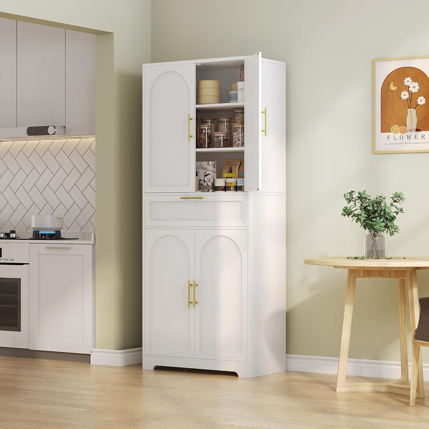 71" Kitchen Pantry Storage Cabinet, Tall Storage Cabinet with Adjustable Shelves, 1 Drawer, 4 Doors, Freestanding Cupboards Sideboard for Dining Room, Living Room, Laundry, White PT18103X