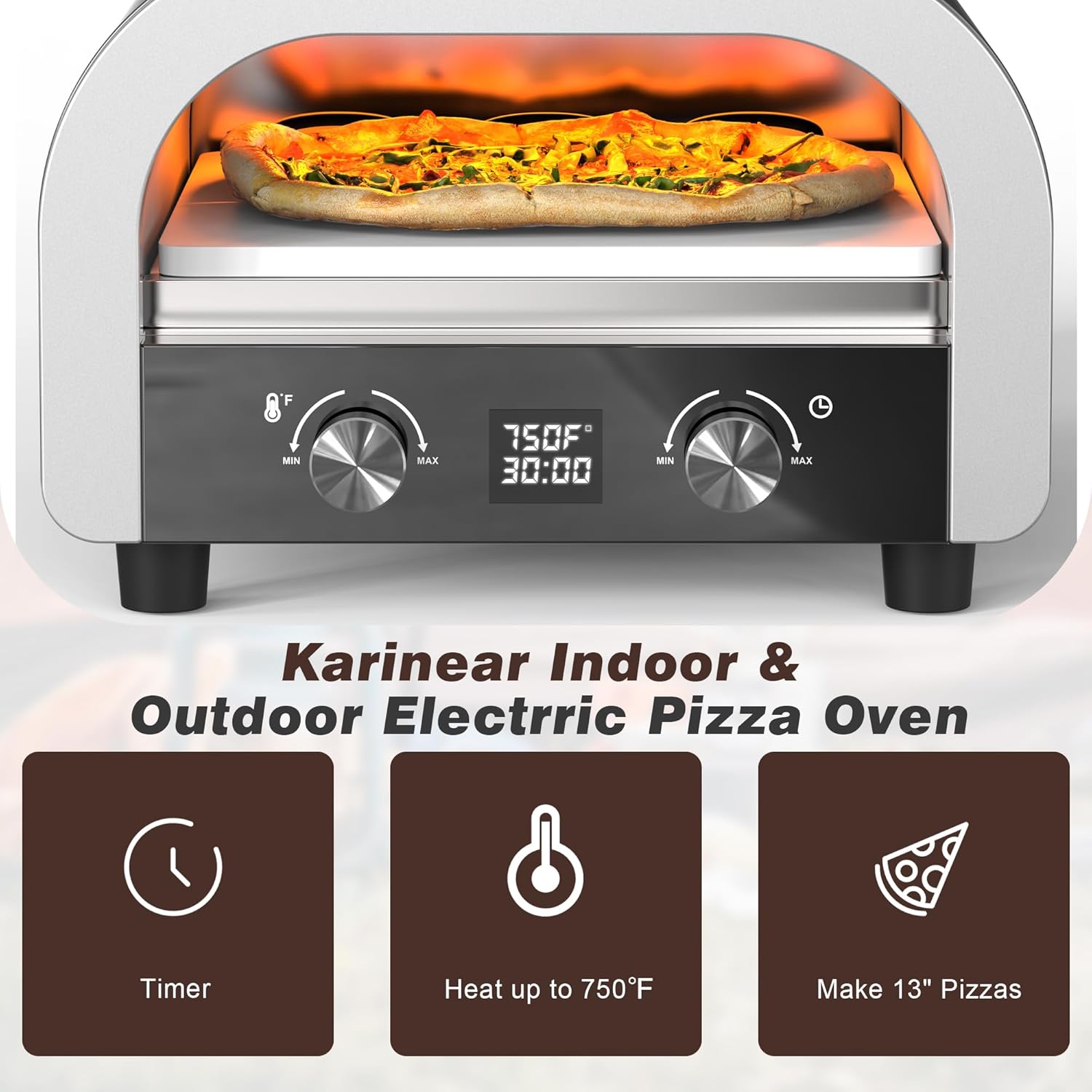 Electric Pizza Oven Indoor - Karinear 13 Inch Pizza Maker Machine for Home, Portable Countertop Pizza Oven Temp Range Reaches 750°F,Stainless Steel,1800W