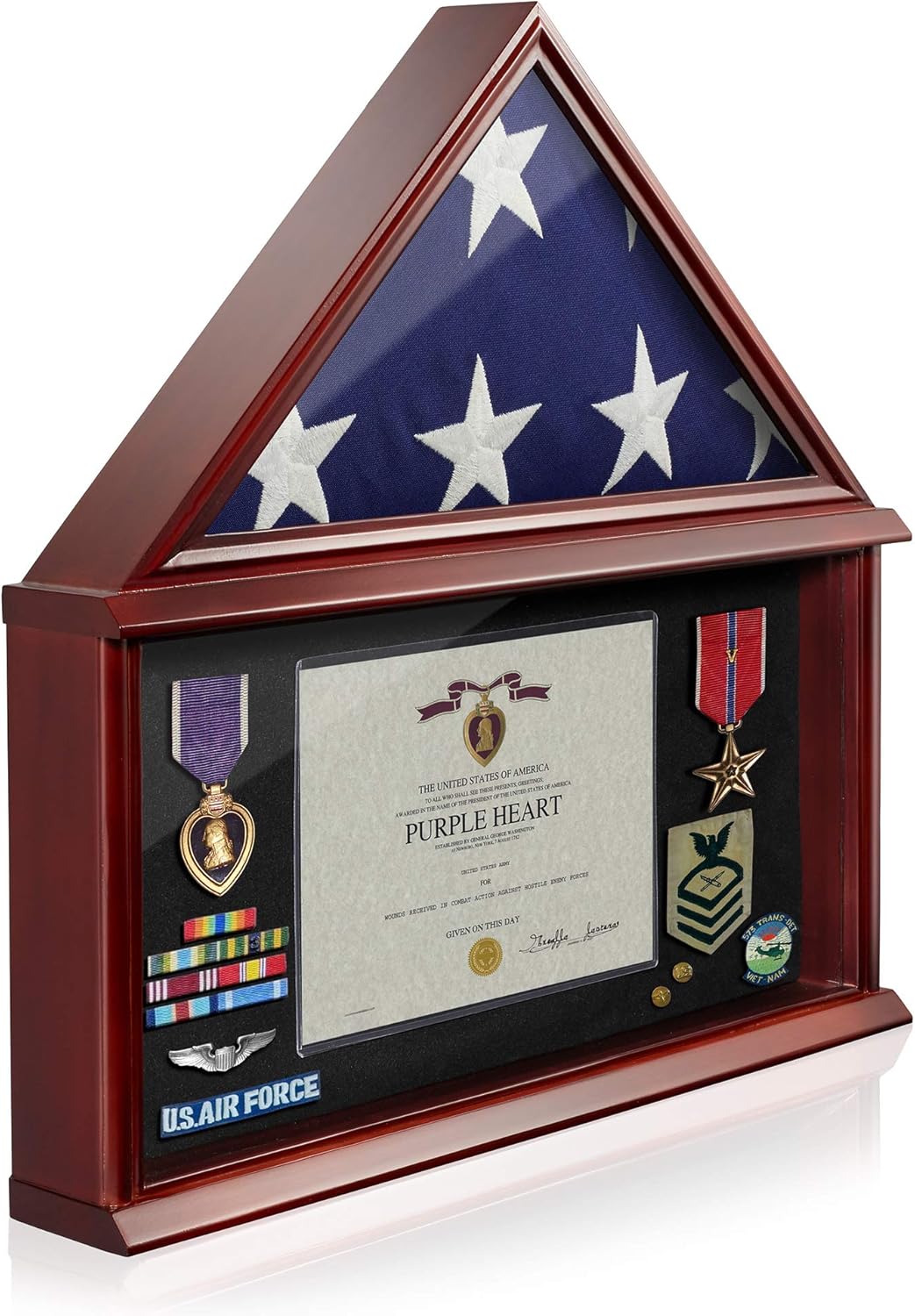 Reminded Large Military Shadow Box Memorial Flag Display Case fits 5' x 9' Flag, Solid Wood Mahogany Finish