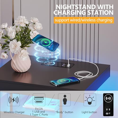 dnbss Nightstand with Wired/Wireless Charging Station, Auto LED Lighting Bedside Tables with Drawers, Night Stand with 3-Color Lights & Adjustable Brightness for Bedroom (Black)